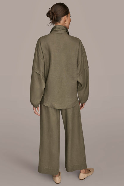 Donna Karan LINEN BLOUSON SLEEVE TIE-FRONT SHIRT