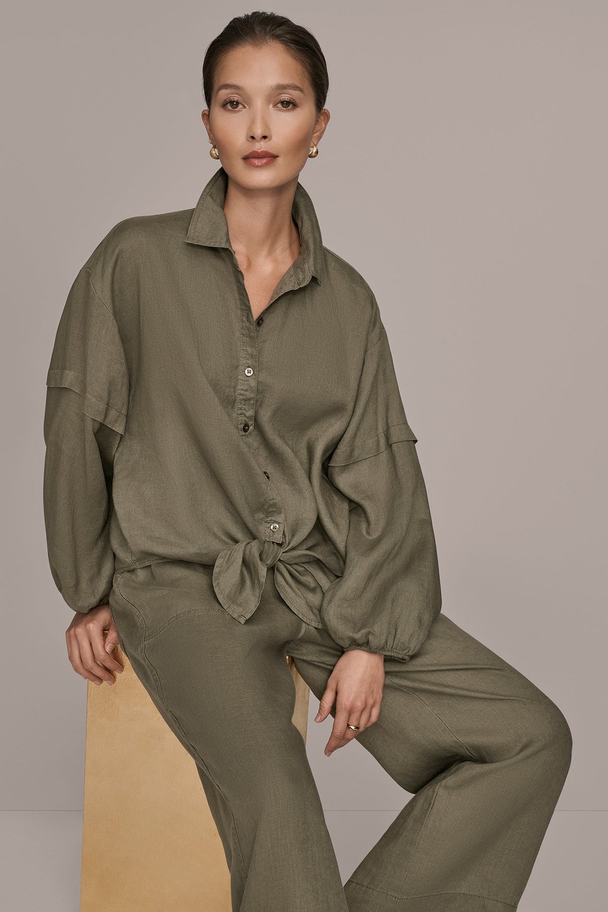 Donna Karan LINEN BLOUSON SLEEVE TIE-FRONT SHIRT