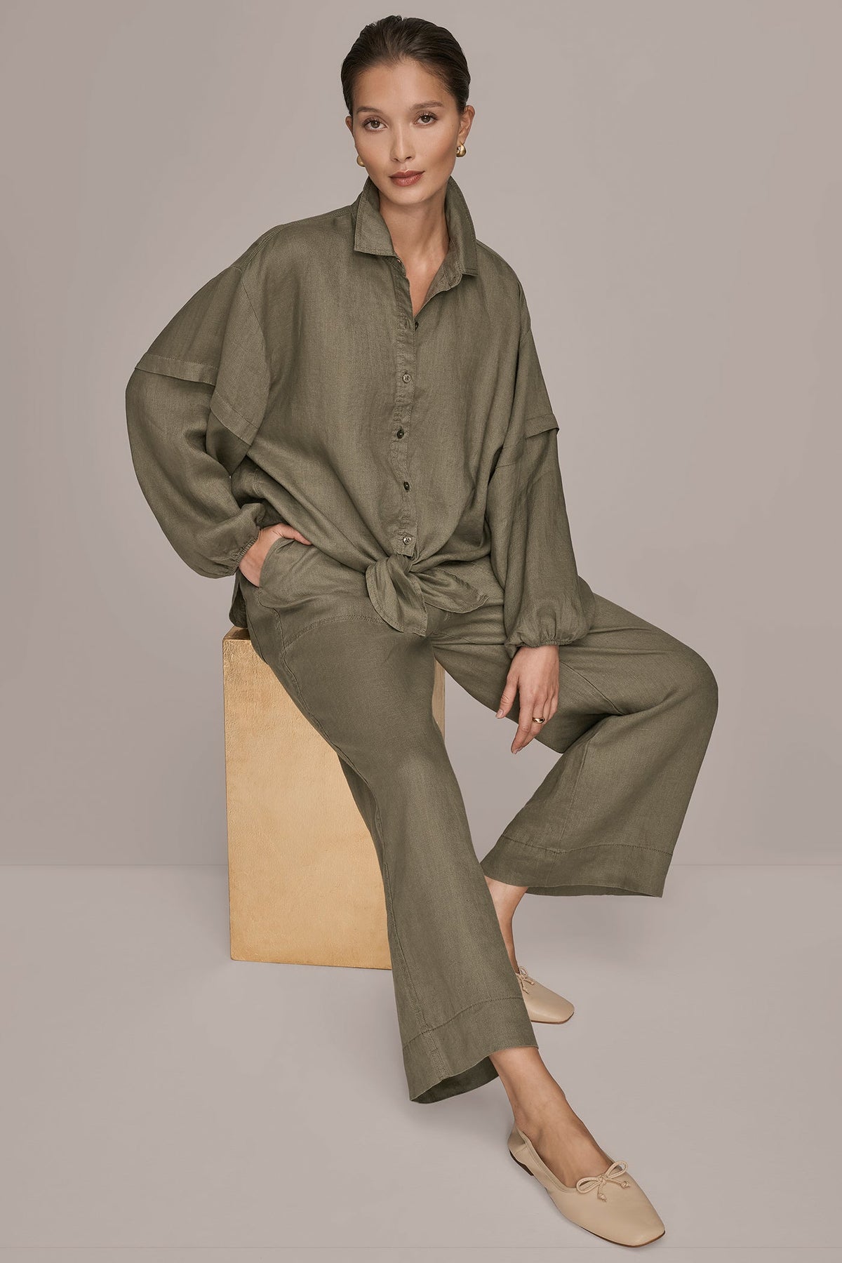 Donna Karan LINEN BLOUSON SLEEVE TIE-FRONT SHIRT