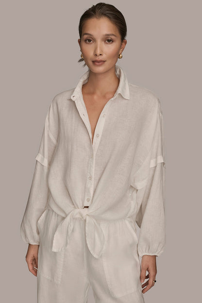 Donna Karan LINEN BLOUSON SLEEVE TIE-FRONT SHIRT
