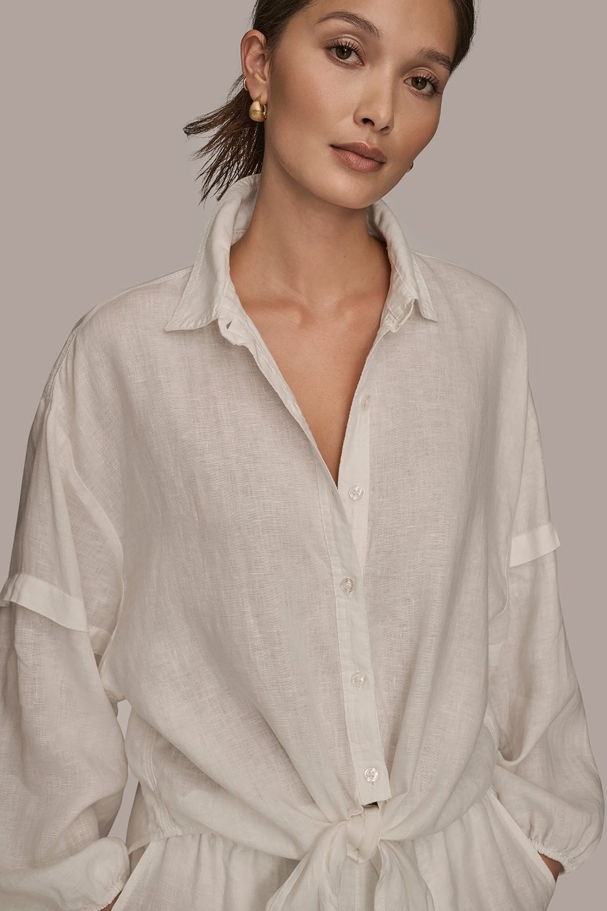Donna Karan LINEN BLOUSON SLEEVE TIE-FRONT SHIRT