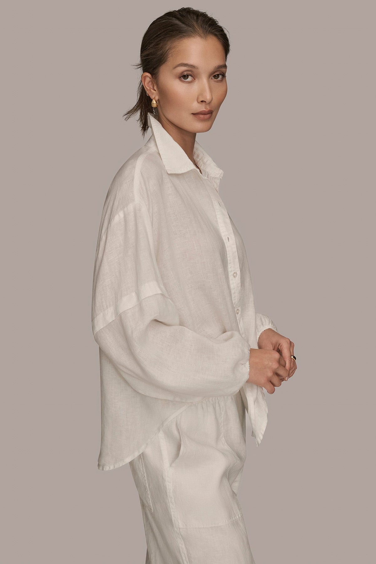 Donna Karan LINEN BLOUSON SLEEVE TIE-FRONT SHIRT