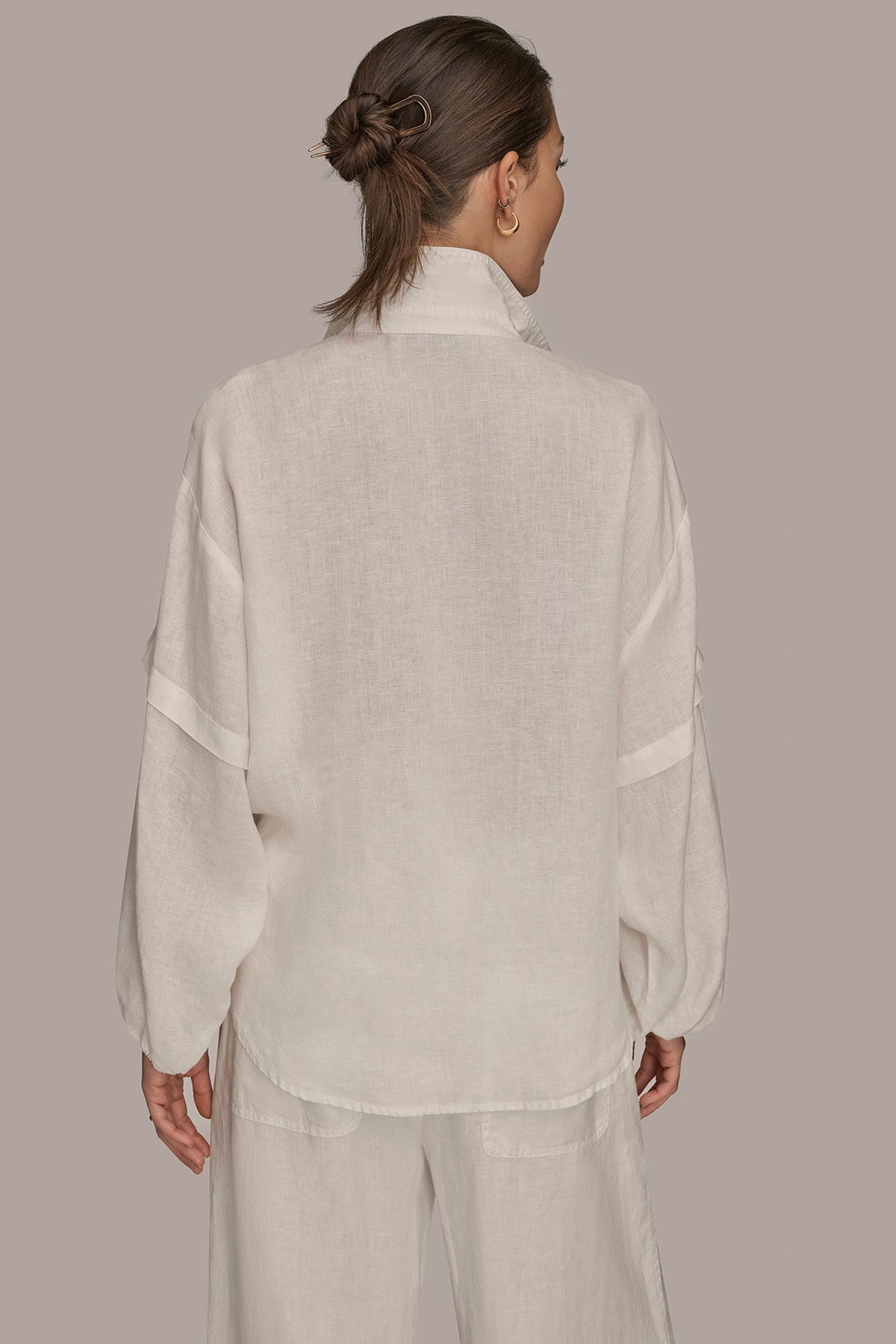 Donna Karan LINEN BLOUSON SLEEVE TIE-FRONT SHIRT