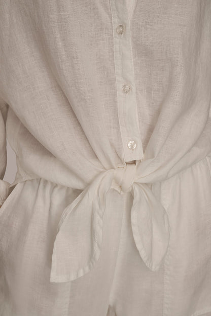 Donna Karan LINEN BLOUSON SLEEVE TIE-FRONT SHIRT