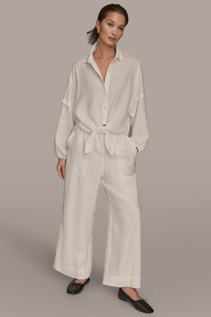 Donna Karan LINEN BLOUSON SLEEVE TIE-FRONT SHIRT