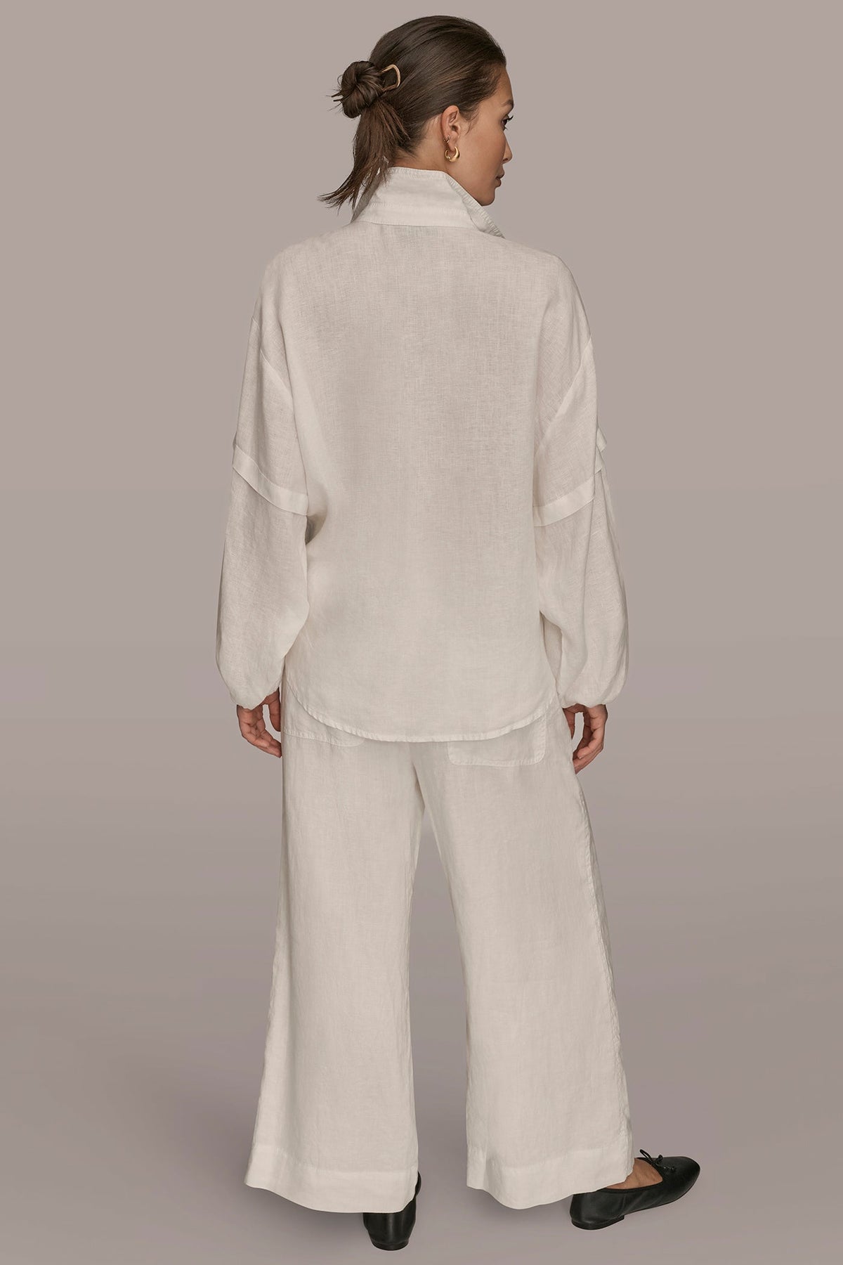 Donna Karan LINEN BLOUSON SLEEVE TIE-FRONT SHIRT