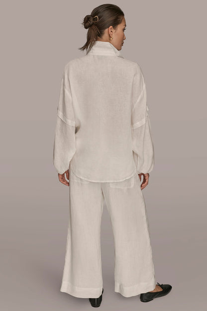 Donna Karan LINEN BLOUSON SLEEVE TIE-FRONT SHIRT