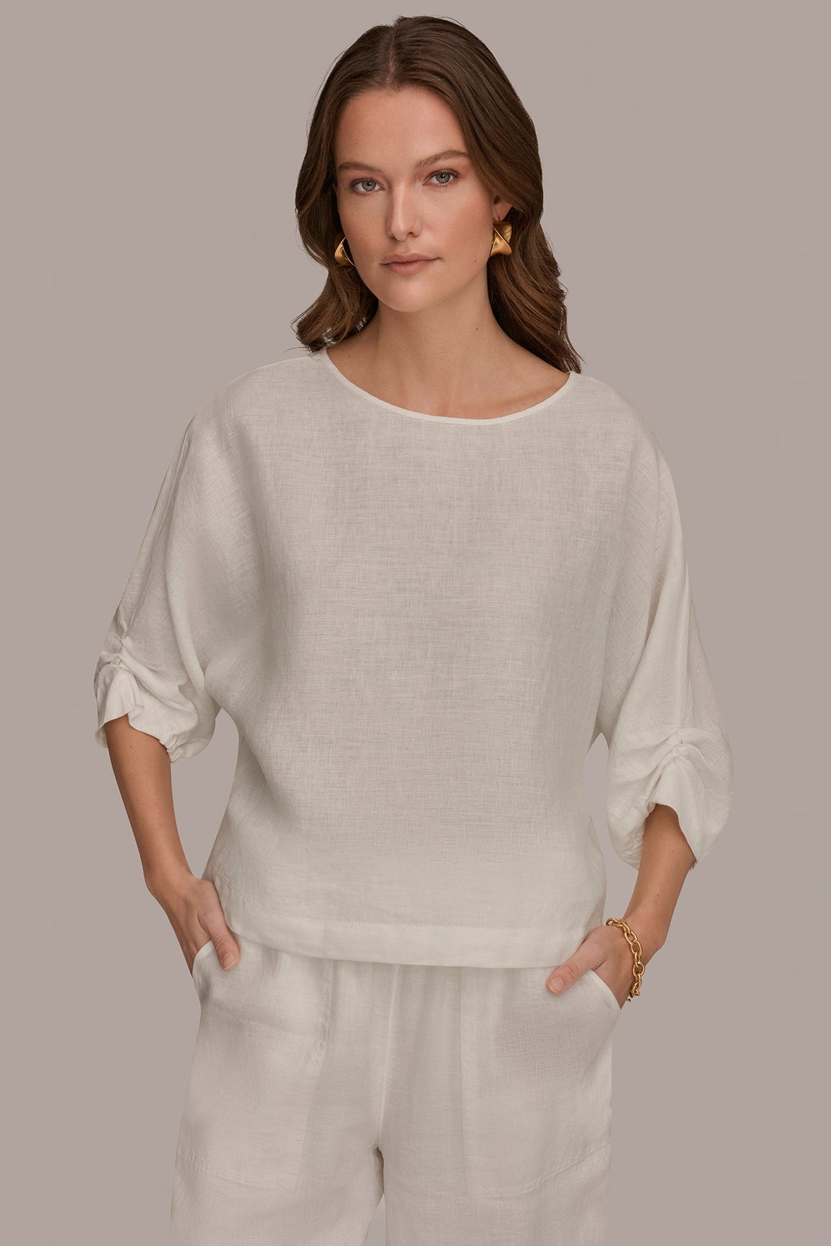 Donna Karan LINEN TWIST CUFF SLEEVE BLOUSE