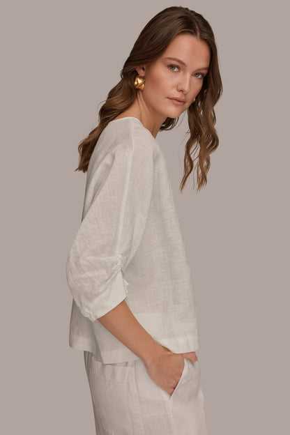Donna Karan LINEN TWIST CUFF SLEEVE BLOUSE