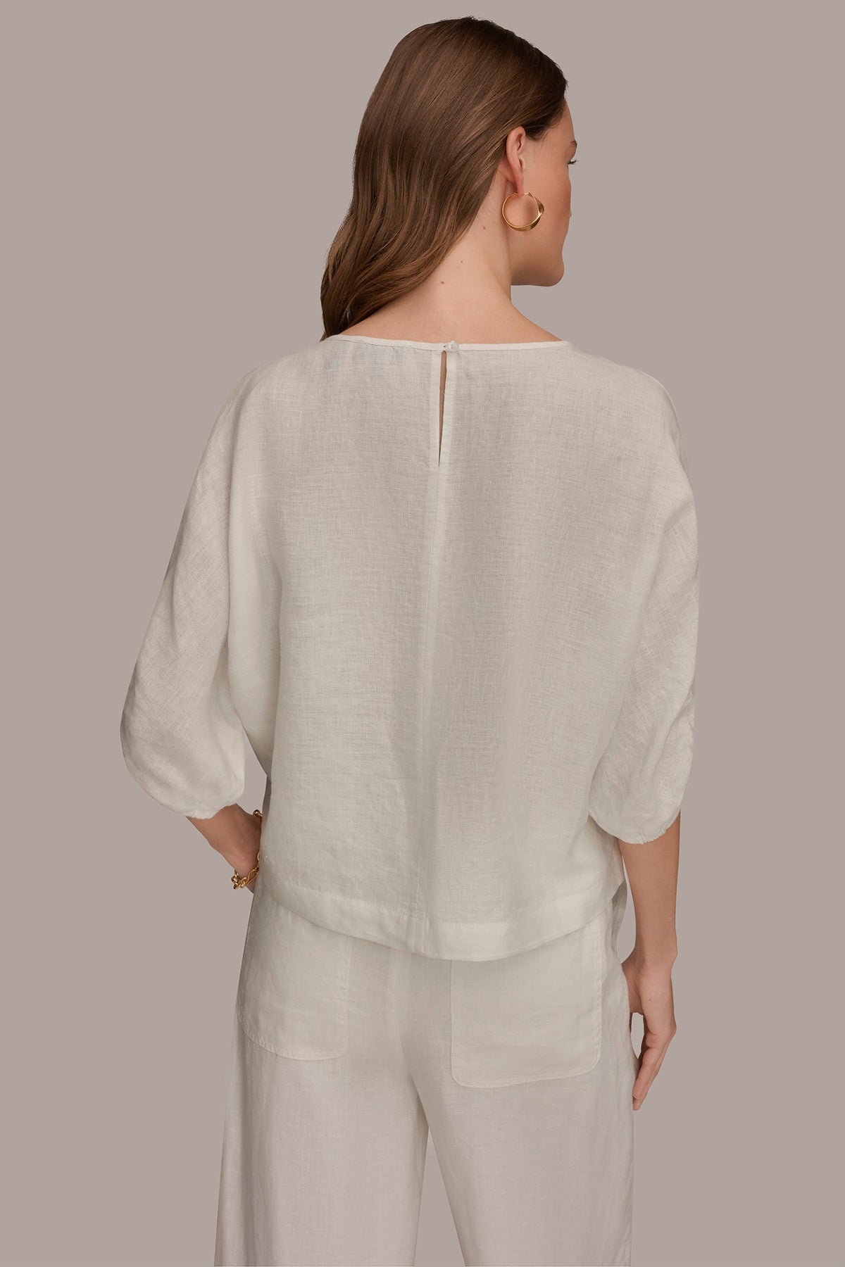 Donna Karan LINEN TWIST CUFF SLEEVE BLOUSE