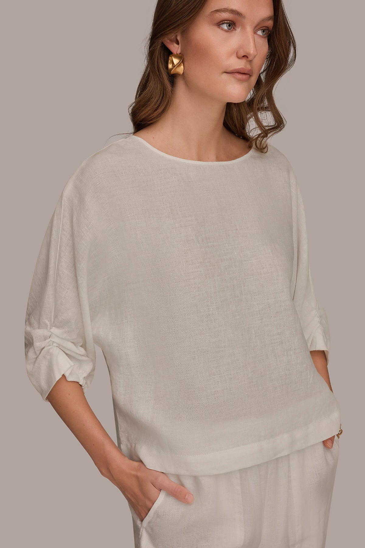 Donna Karan LINEN TWIST CUFF SLEEVE BLOUSE