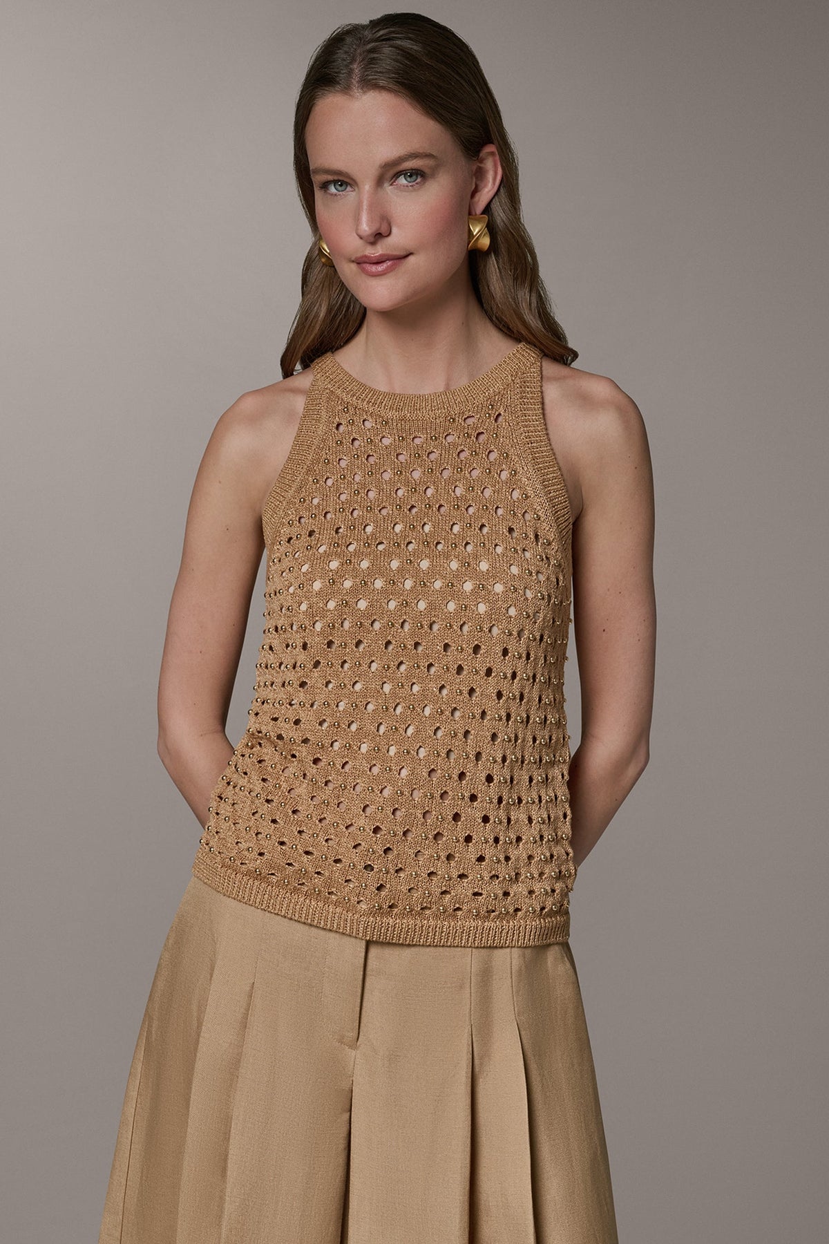 Donna Karan SLEEVELESS OPEN-STITCH HALTER SWEATER