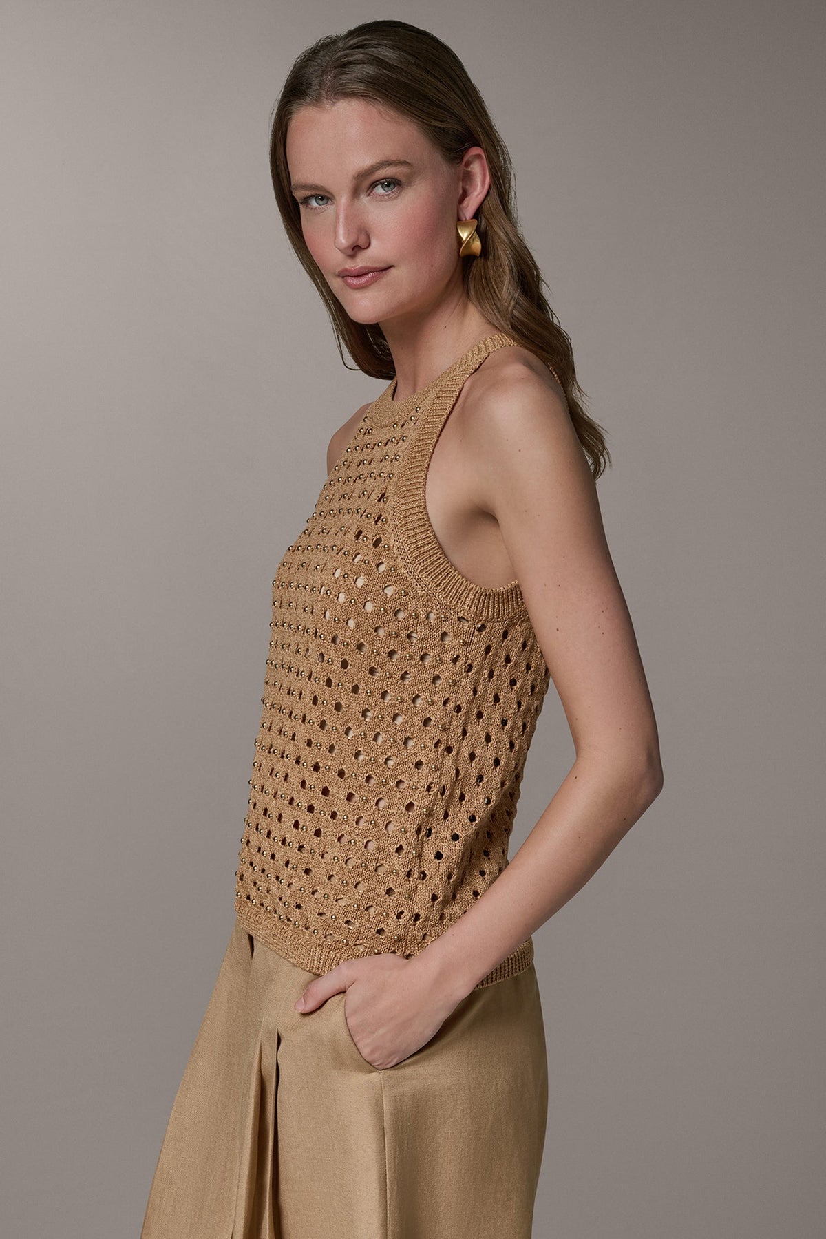 Donna Karan SLEEVELESS OPEN-STITCH HALTER SWEATER