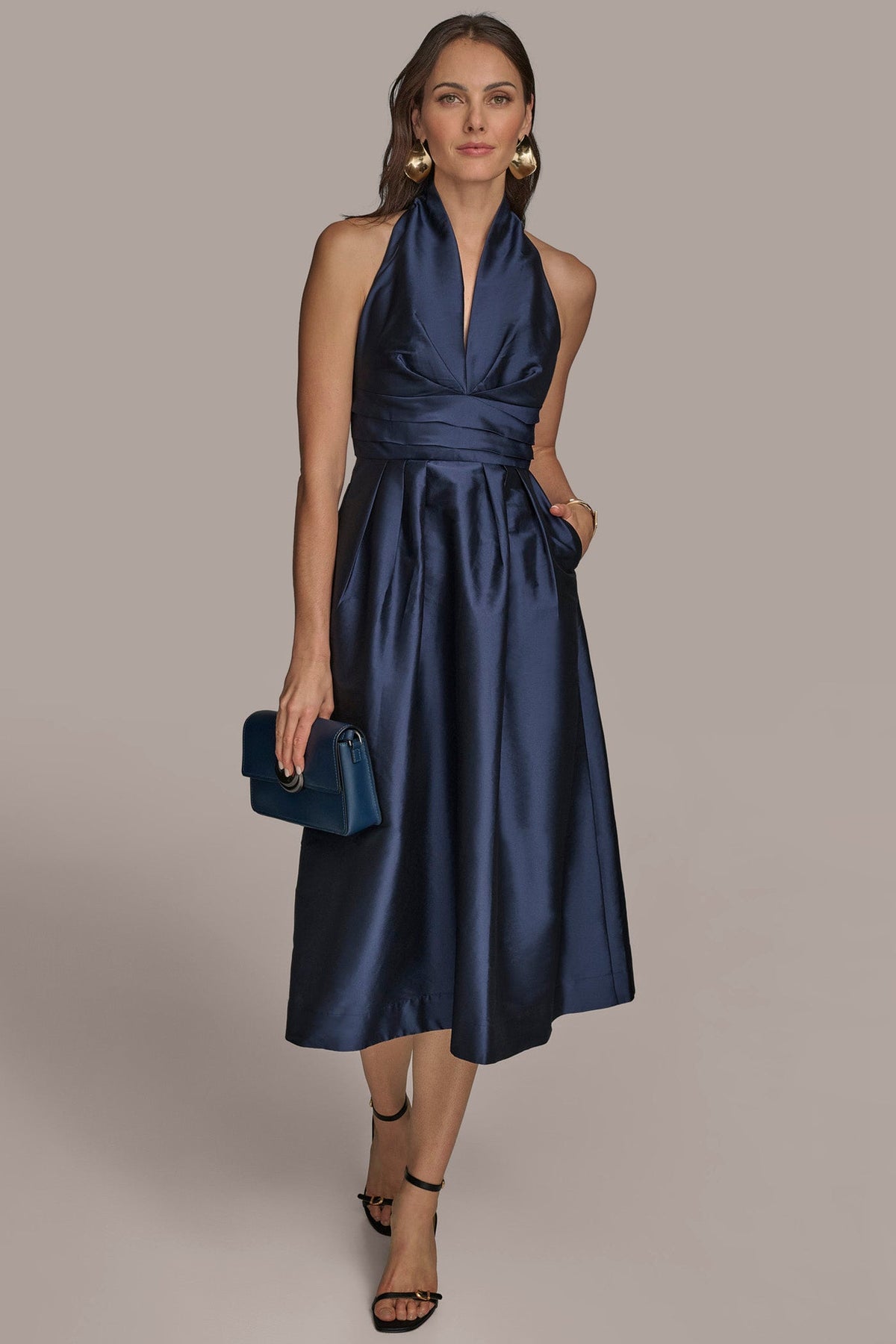 Donna Karan SLEEVELESS V-NECK TAFFETA MIDI COCKTAIL DRESS