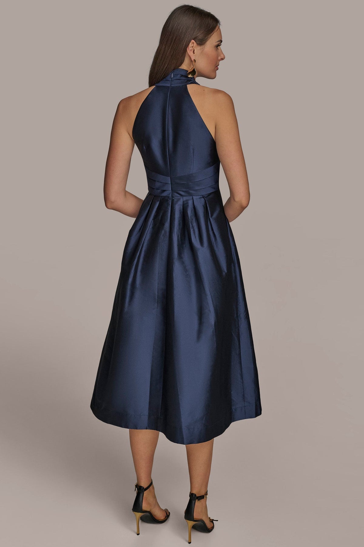 Donna Karan SLEEVELESS V-NECK TAFFETA MIDI COCKTAIL DRESS