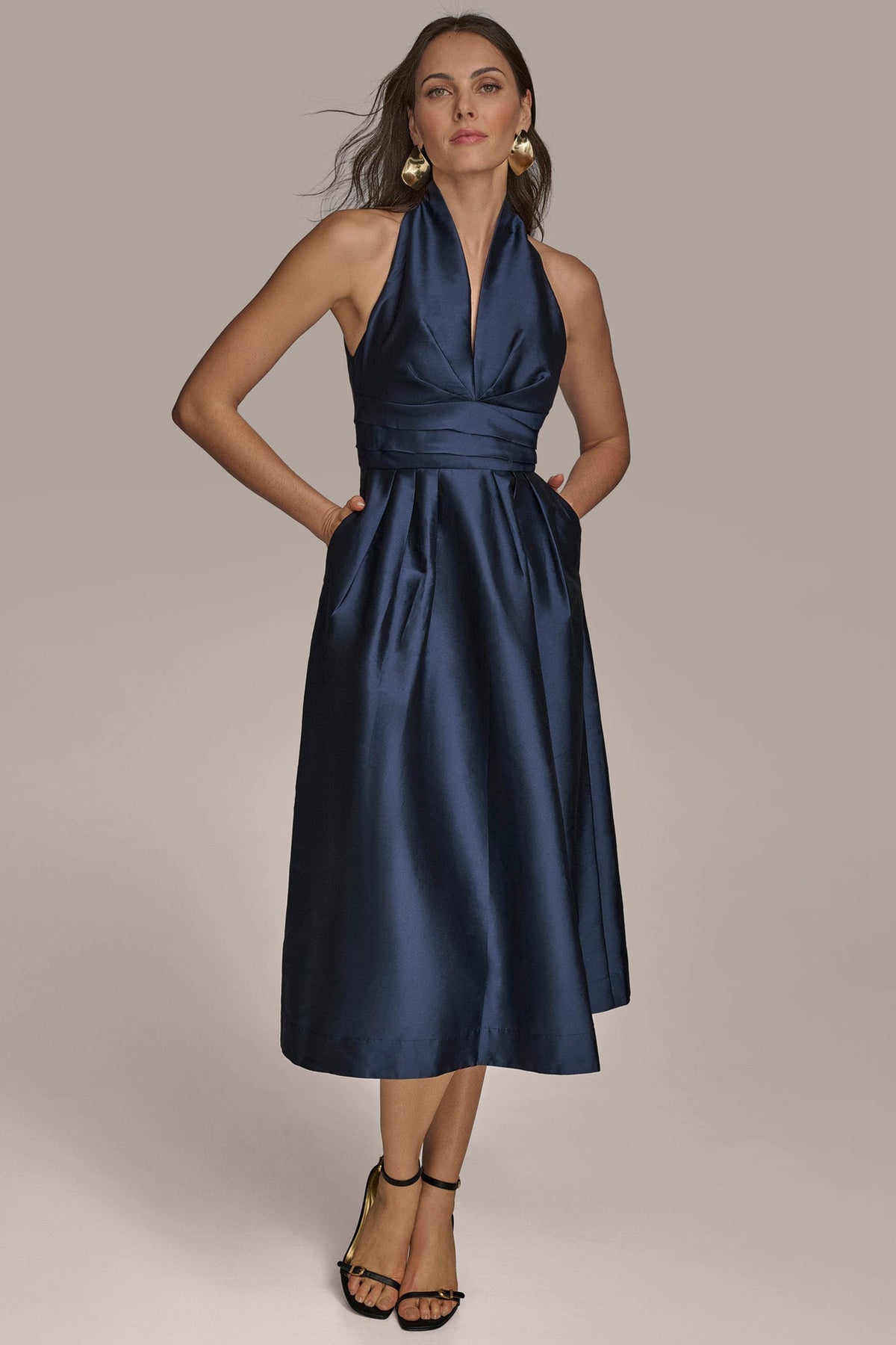 Donna Karan SLEEVELESS V-NECK TAFFETA MIDI COCKTAIL DRESS