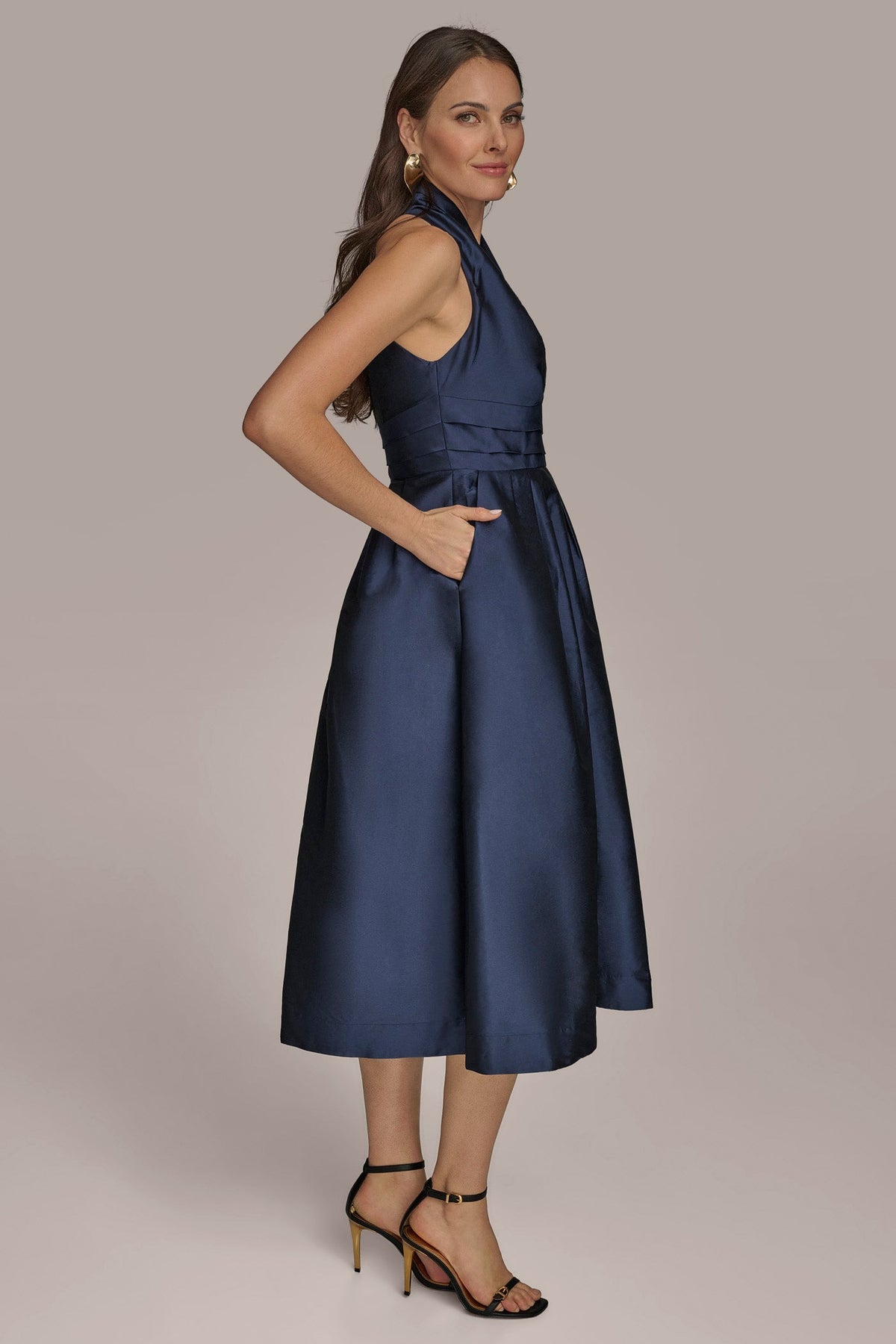 Donna Karan SLEEVELESS V-NECK TAFFETA MIDI COCKTAIL DRESS