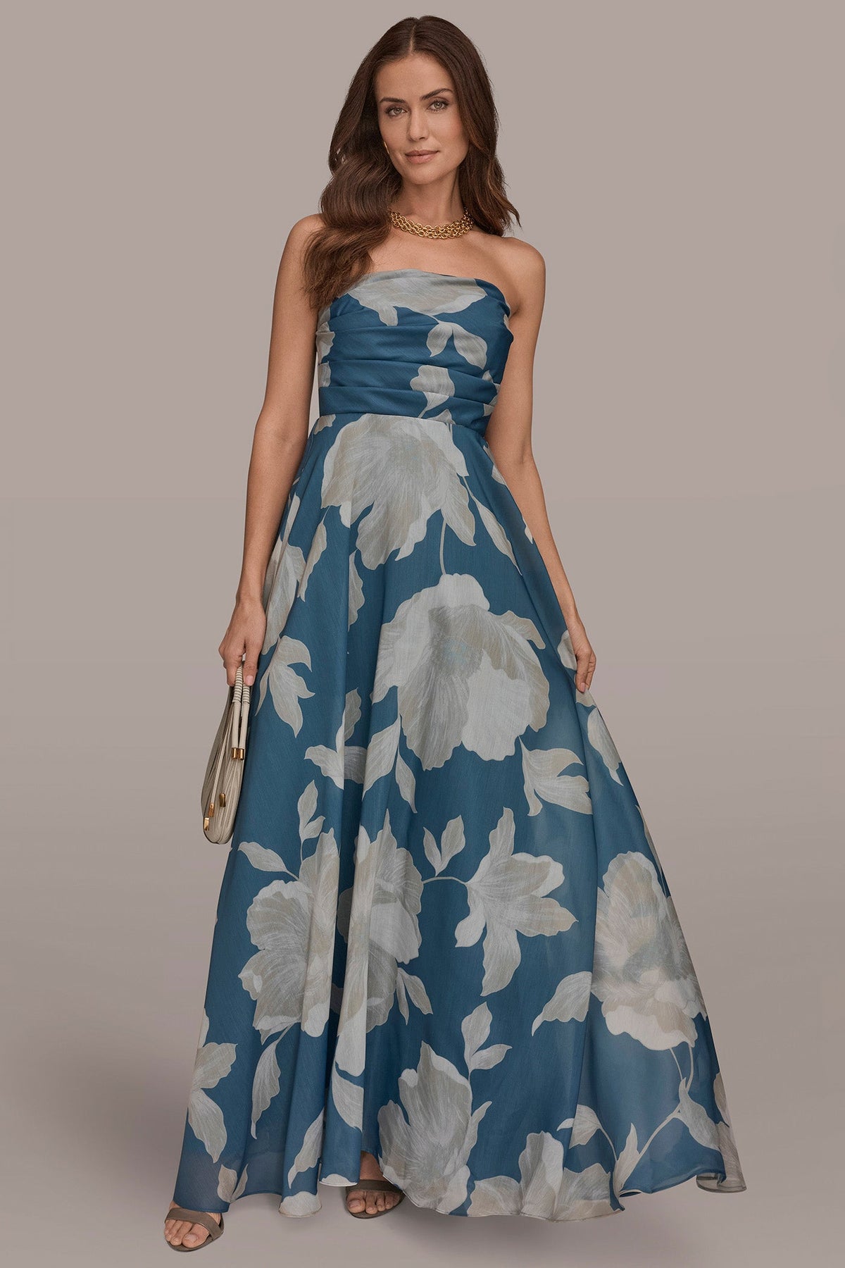 Donna Karan ORGANZA STRAPLESS FLORAL PLEATED GOWN