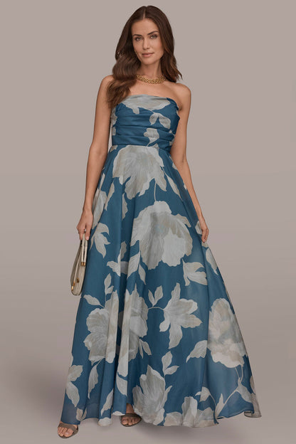 Donna Karan ORGANZA STRAPLESS FLORAL PLEATED GOWN