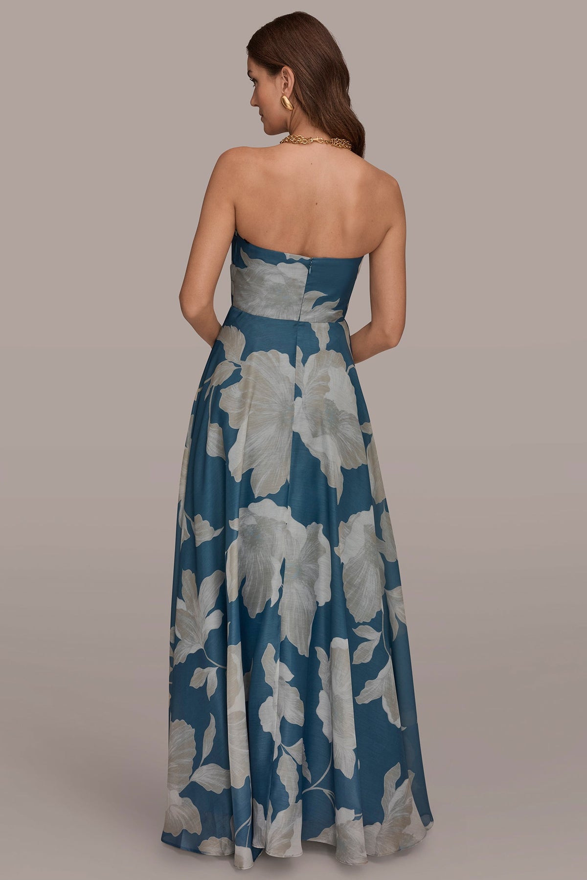 Donna Karan ORGANZA STRAPLESS FLORAL PLEATED GOWN