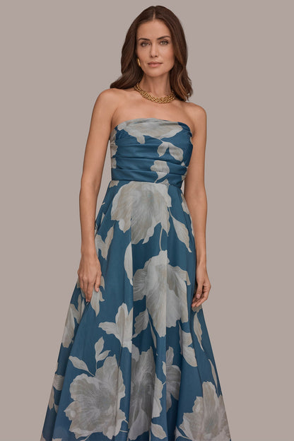 Donna Karan ORGANZA STRAPLESS FLORAL PLEATED GOWN