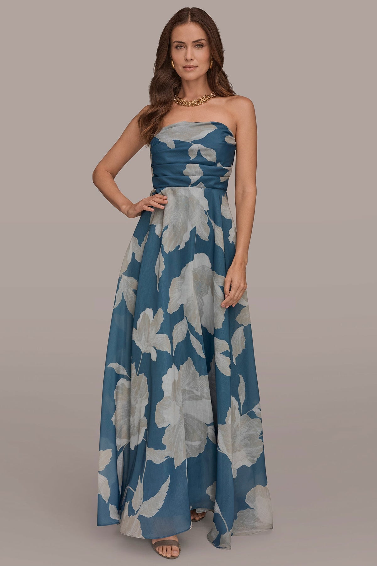 Donna Karan ORGANZA STRAPLESS FLORAL PLEATED GOWN