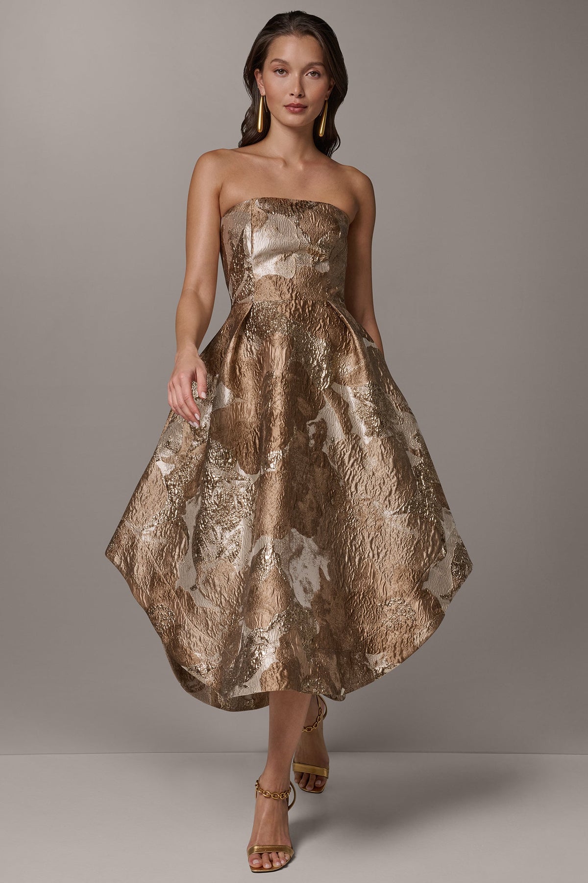 Donna Karan BROCADE STRAPLESS PLEATED MIDI GOWN