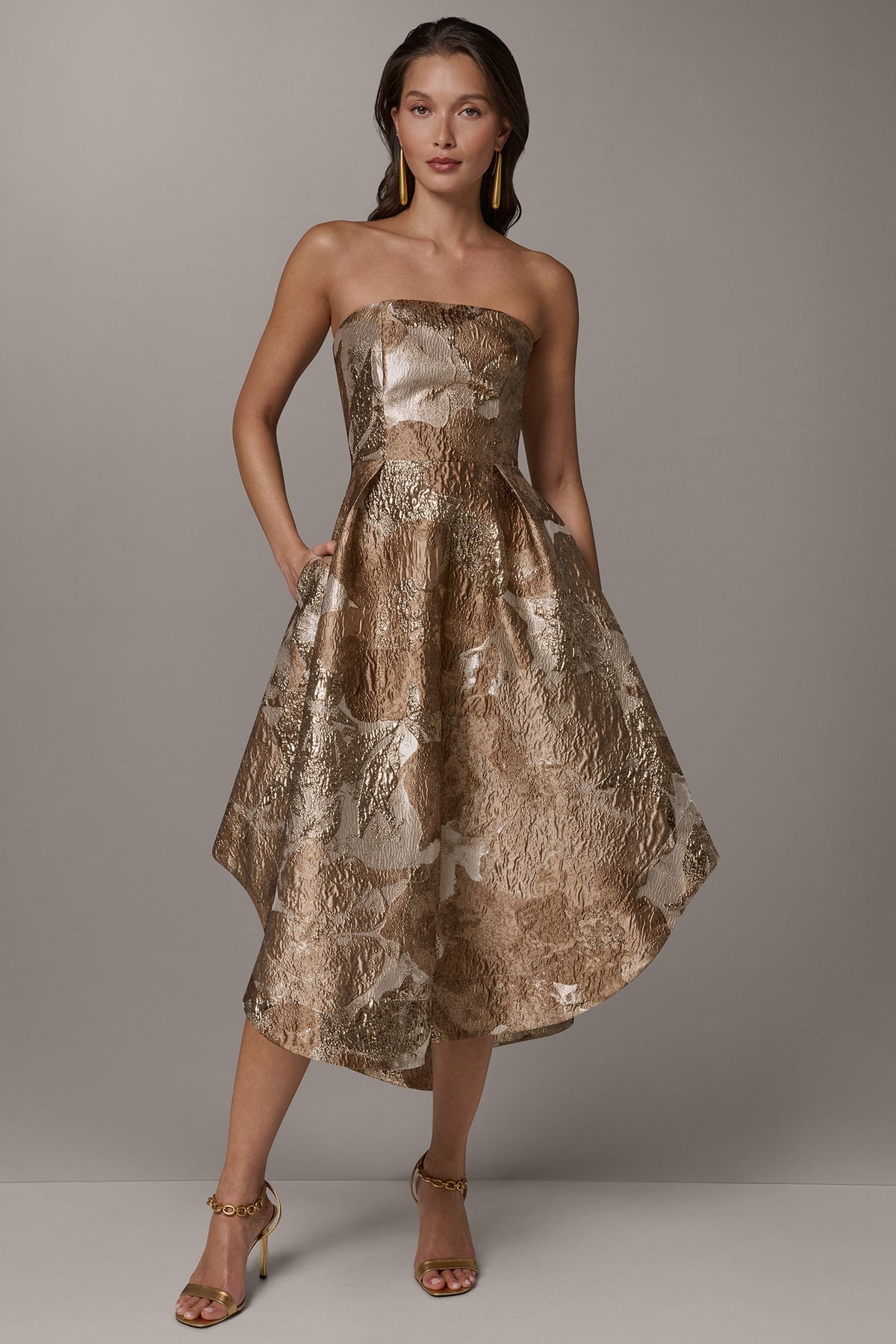 Donna Karan BROCADE STRAPLESS PLEATED MIDI GOWN