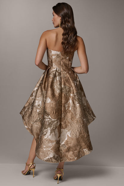 Donna Karan BROCADE STRAPLESS PLEATED MIDI GOWN
