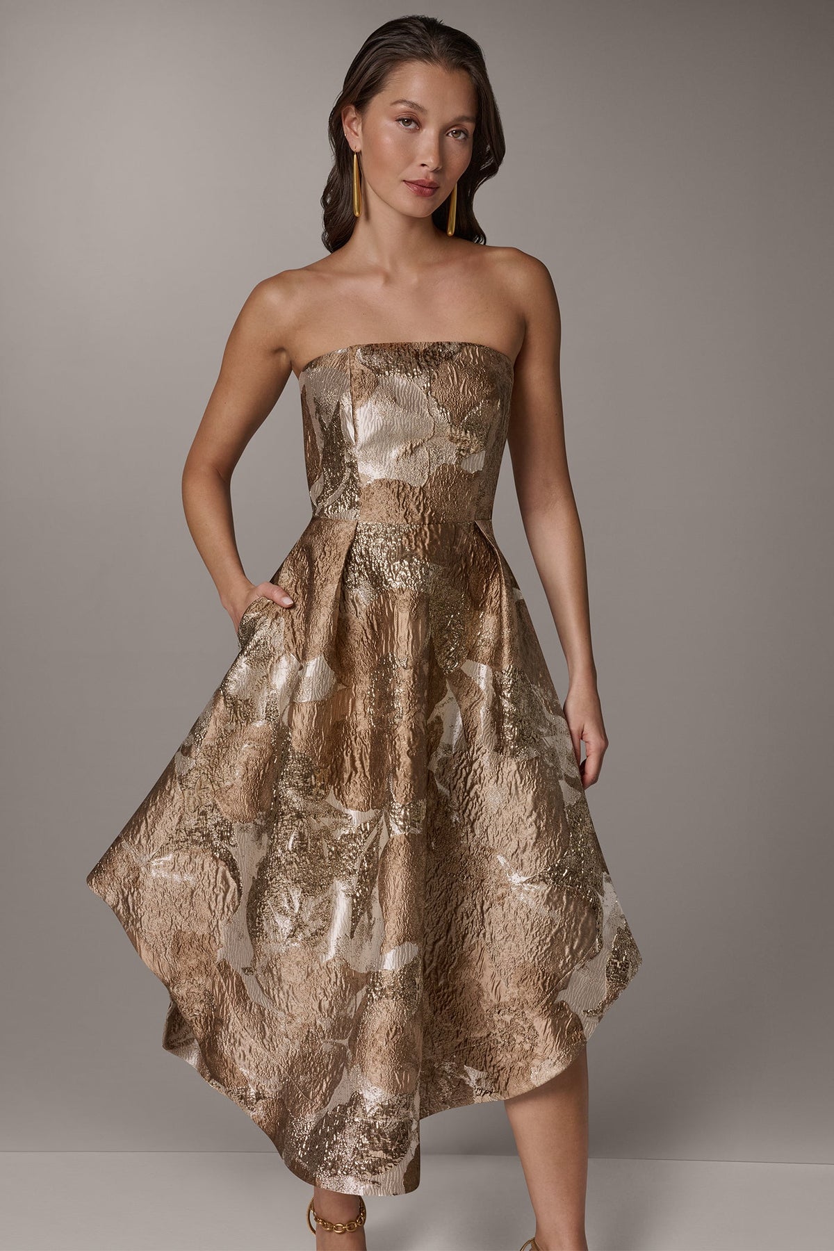 Donna Karan BROCADE STRAPLESS PLEATED MIDI GOWN