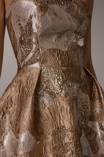 Donna Karan BROCADE STRAPLESS PLEATED MIDI GOWN