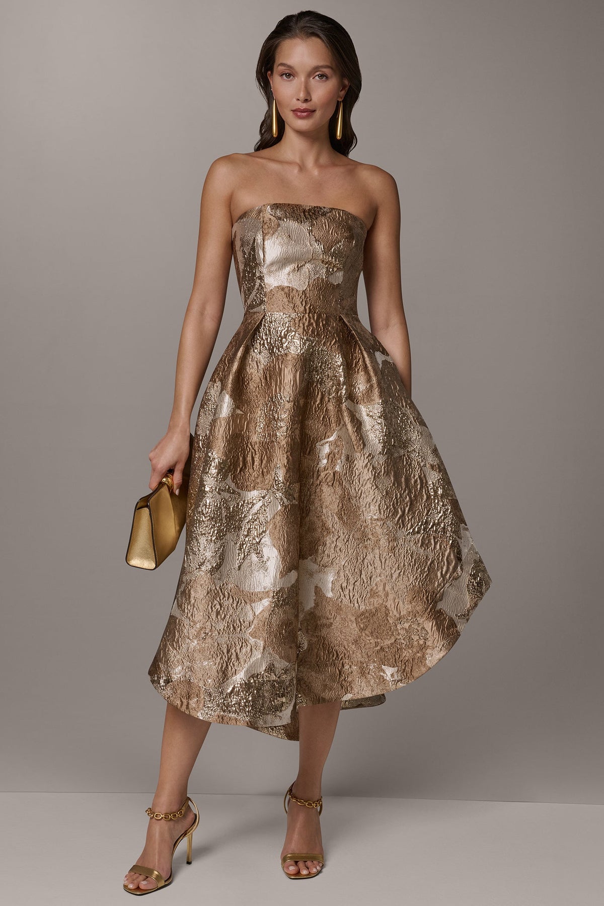 Donna Karan BROCADE STRAPLESS PLEATED MIDI GOWN