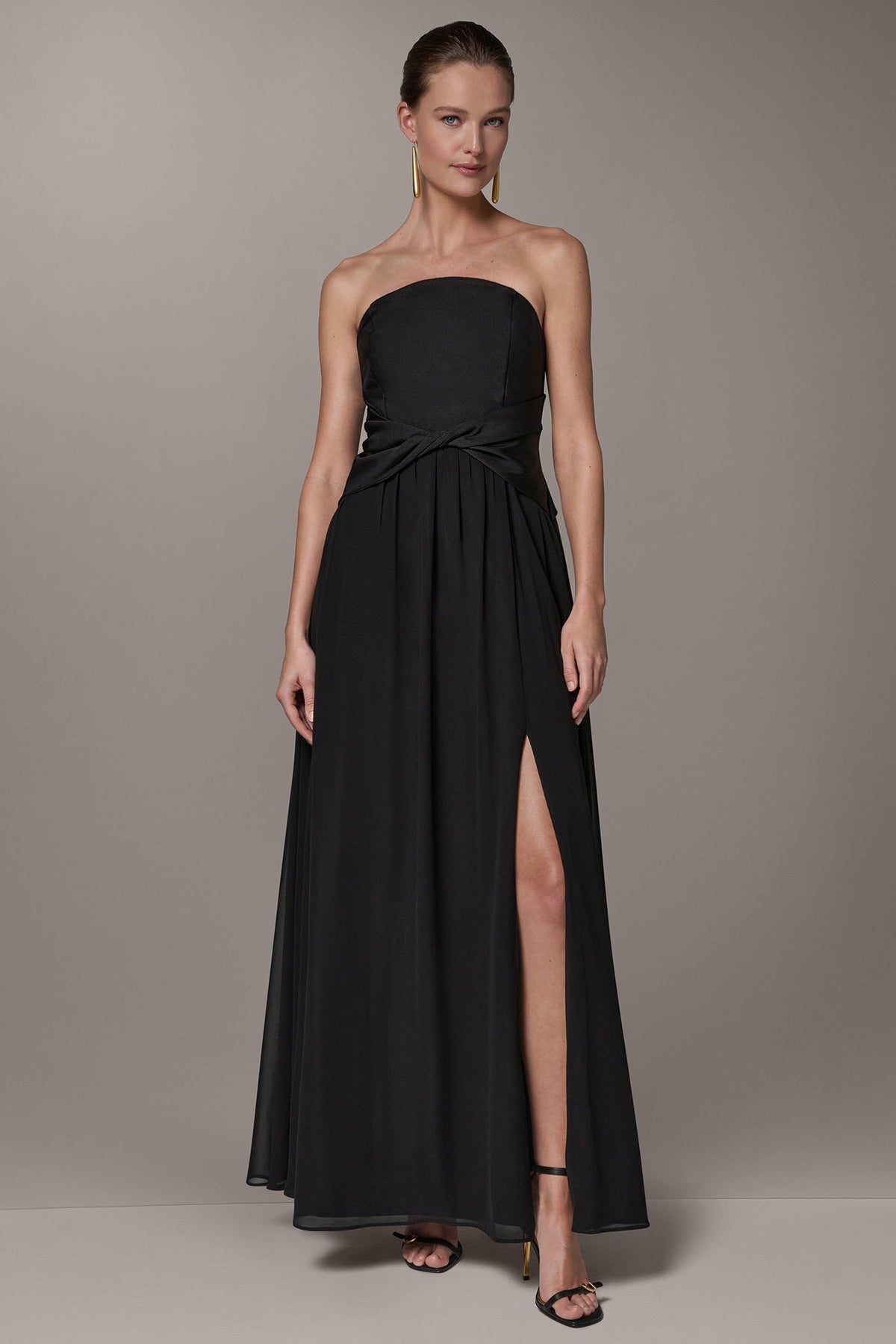 Donna Karan MIKADO AND CHIFFON STRAPLESS TWIST GOWN