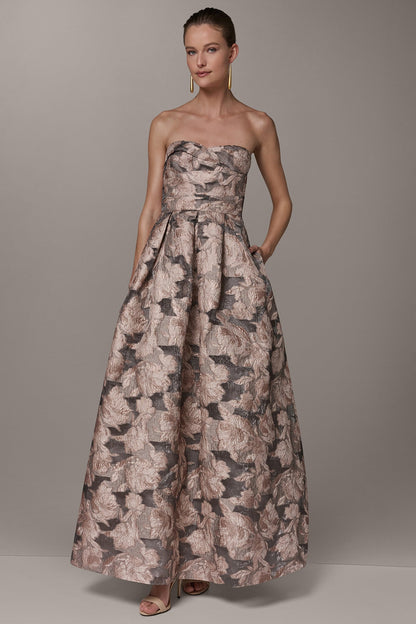 Donna Karan FLORAL-JACQUARD STRAPLESS BALL GOWN