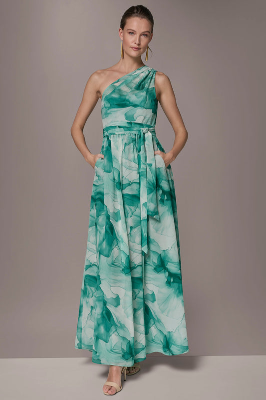 Donna Karan CHIFFON FLORAL ONE-SHOULDER GOWN