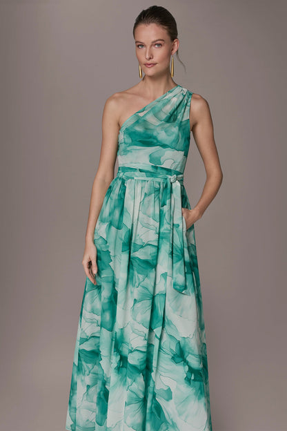 Donna Karan CHIFFON FLORAL ONE-SHOULDER GOWN