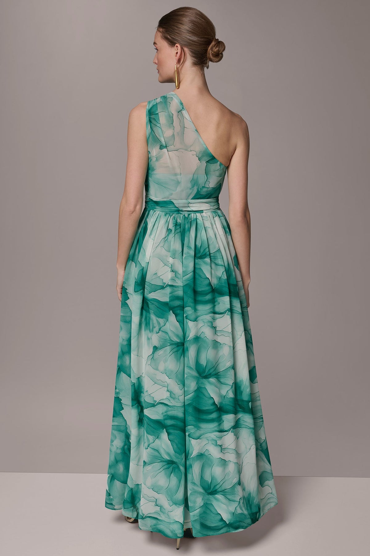 Donna Karan CHIFFON FLORAL ONE-SHOULDER GOWN