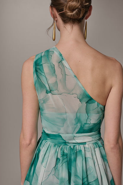 Donna Karan CHIFFON FLORAL ONE-SHOULDER GOWN