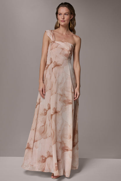 Donna Karan CHIFFON FLORAL ONE-SHOULDER TWIST BALL GOWN