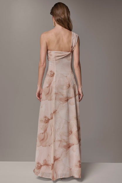 Donna Karan CHIFFON FLORAL ONE-SHOULDER TWIST BALL GOWN