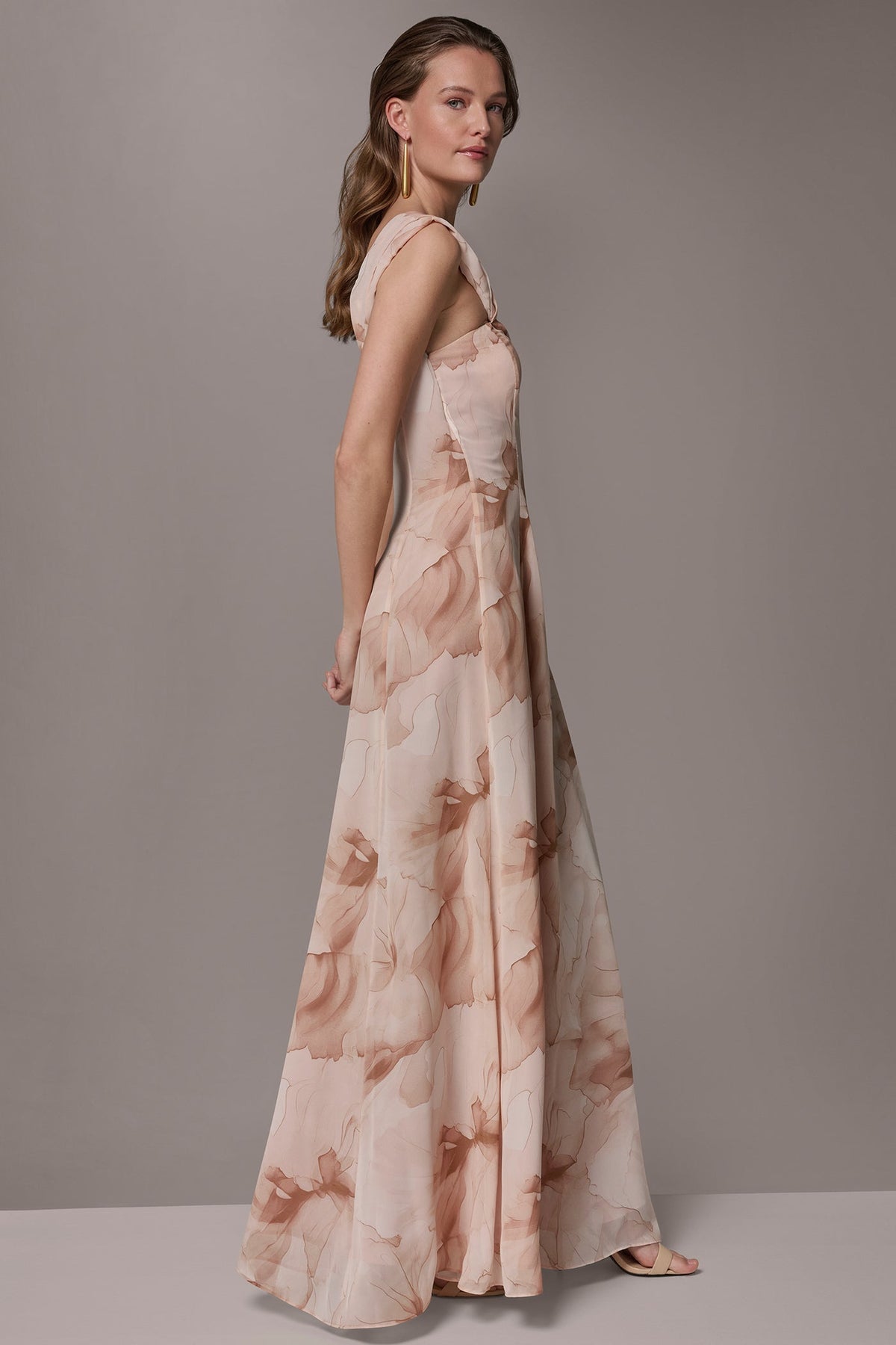 Donna Karan CHIFFON FLORAL ONE-SHOULDER TWIST BALL GOWN