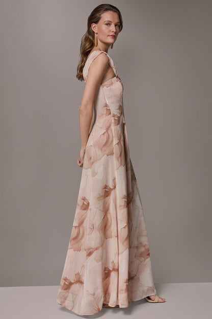 Donna Karan CHIFFON FLORAL ONE-SHOULDER TWIST BALL GOWN