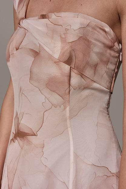 Donna Karan CHIFFON FLORAL ONE-SHOULDER TWIST BALL GOWN