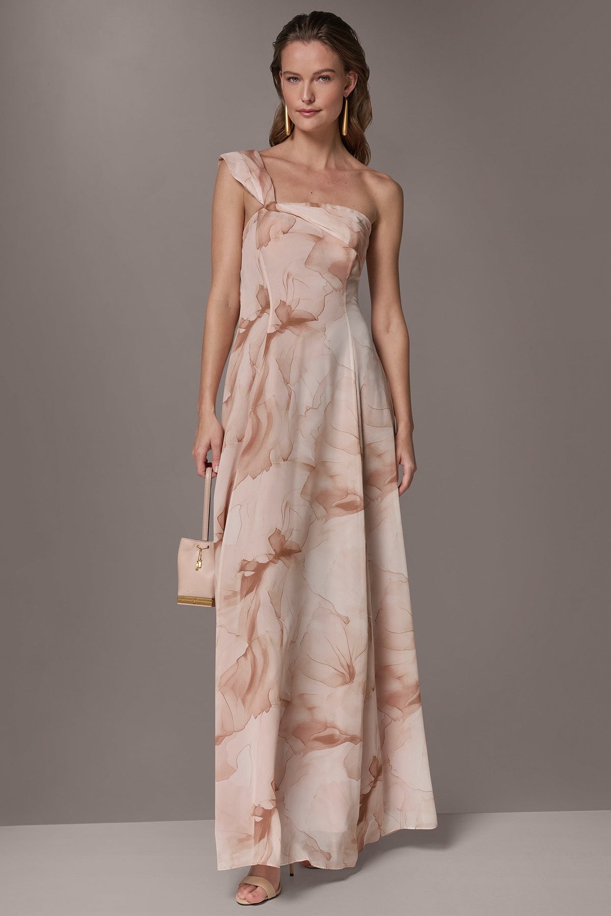 Donna Karan CHIFFON FLORAL ONE-SHOULDER TWIST BALL GOWN