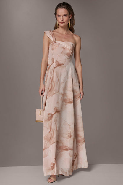 Donna Karan CHIFFON FLORAL ONE-SHOULDER TWIST BALL GOWN