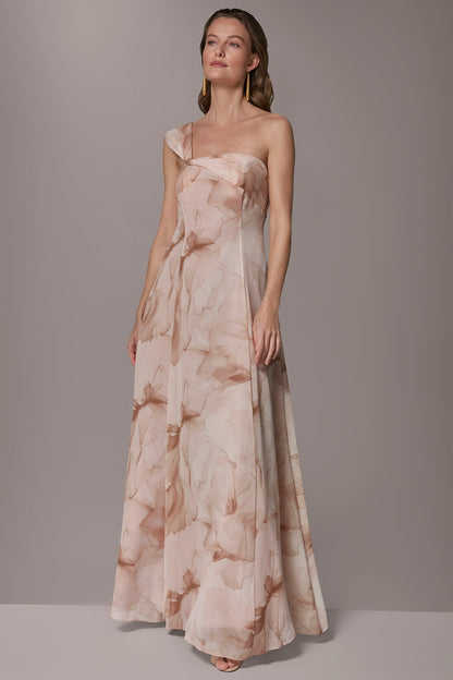 Donna Karan CHIFFON FLORAL ONE-SHOULDER TWIST BALL GOWN