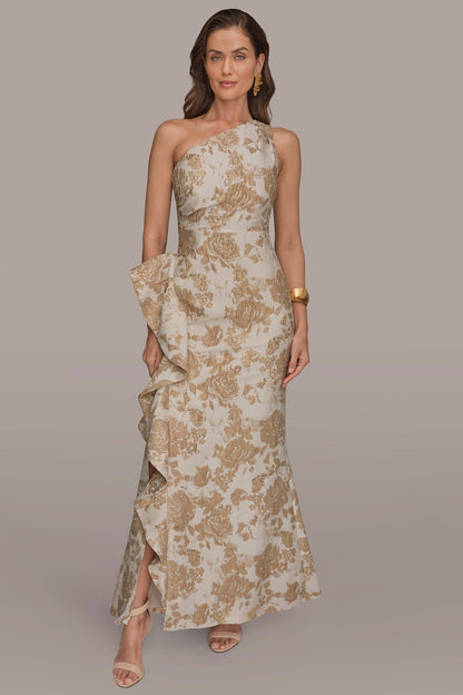 Donna Karan FLORAL-JACQUARD ONE-SHOULDER RUFFLE GOWN