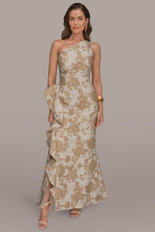 Donna Karan FLORAL-JACQUARD ONE-SHOULDER RUFFLE GOWN