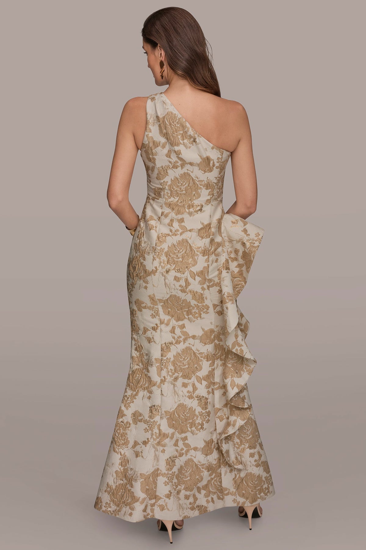 Donna Karan FLORAL-JACQUARD ONE-SHOULDER RUFFLE GOWN