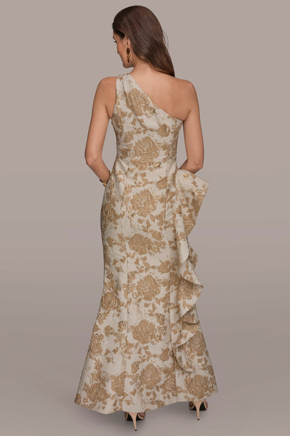 Donna Karan FLORAL-JACQUARD ONE-SHOULDER RUFFLE GOWN